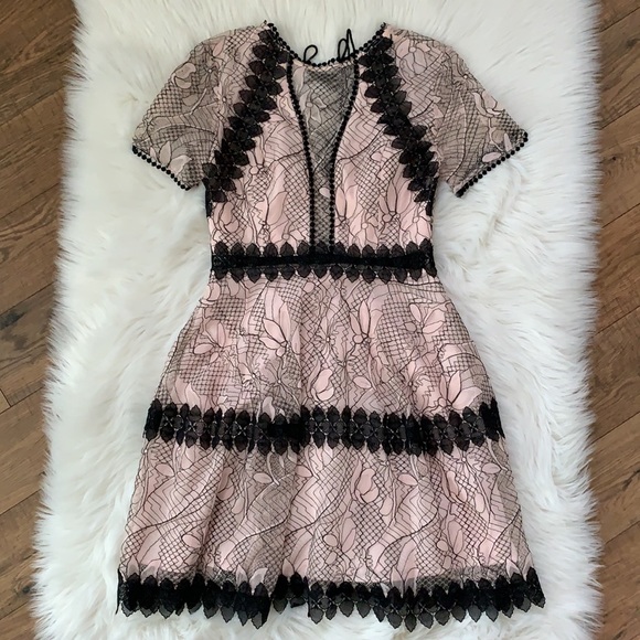 nicholas guipure lace cocktail dress NICHOLAS | Dresses | Nicholas Pink Black Lace Up Appliqued Guipure Lace  Short Sleeve Dress Womens 4